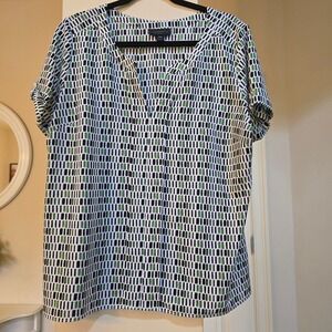 Worthington Petite PXL Green Black Geometric Dash Print Split Neck Blouse Top